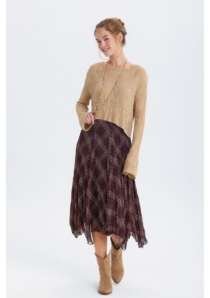 Desenli Şifon Midi Bohem Etek Kahverengi