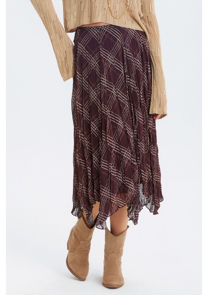 Desenli Şifon Midi Bohem Etek Kahverengi fiyatları