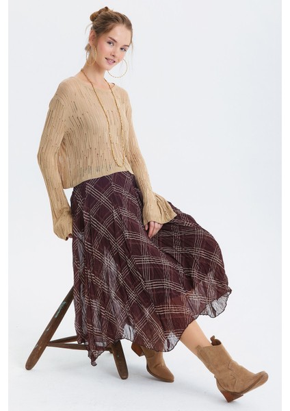 Desenli Şifon Midi Bohem Etek Kahverengi modelleri