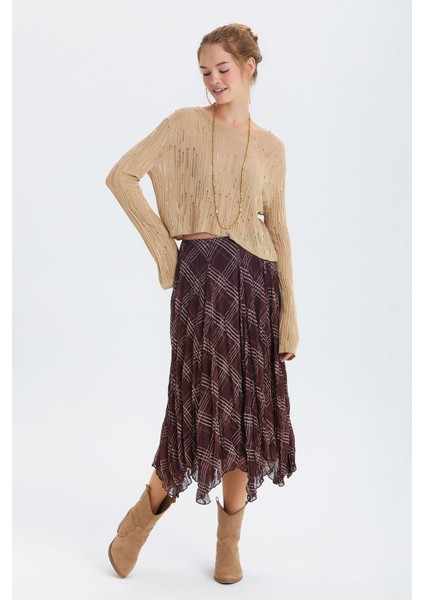 Desenli Şifon Midi Bohem Etek Kahverengi fırsatları