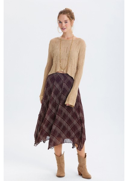 Desenli Şifon Midi Bohem Etek Kahverengi indirimleri