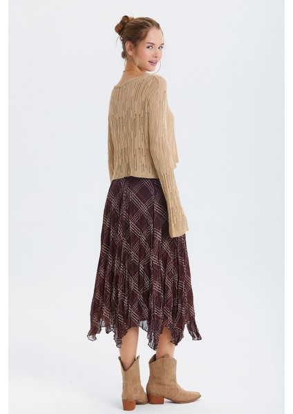 Desenli Şifon Midi Bohem Etek Kahverengi