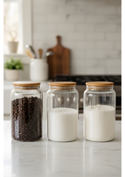 3’lü Cam Kavanoz Seti 1130 cc – Vakumlu Bambu Kavanoz