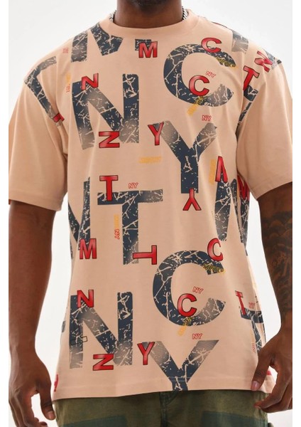 Unisex Baskılı Oversize T-Shirt - Bej