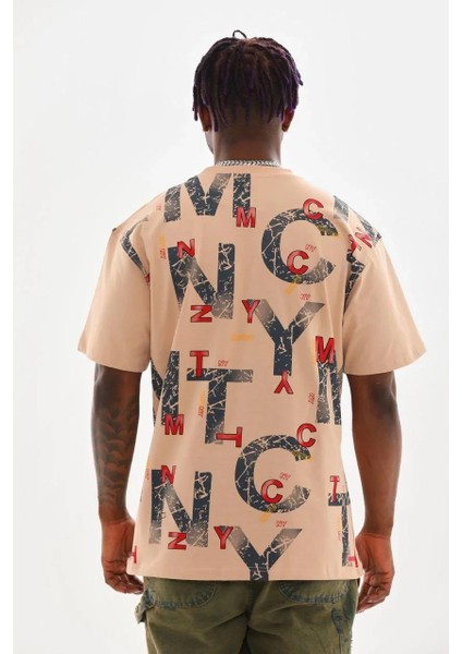 Unisex Baskılı Oversize T-Shirt - Bej fiyatları