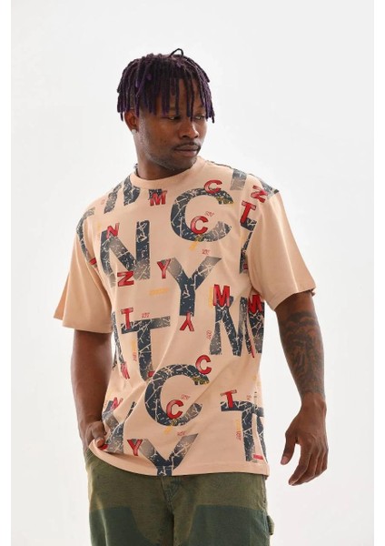 Unisex Baskılı Oversize T-Shirt - Bej modelleri