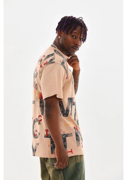 Unisex Baskılı Oversize T-Shirt - Bej indirimleri