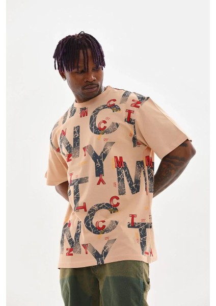 Unisex Baskılı Oversize T-Shirt - Bej