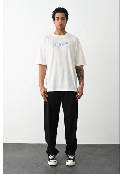Unisex Baskılı Oversize T-Shirt - Beyaz modelleri
