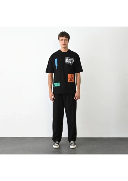 Unisex Bisiklet Yaka Baskılı Oversize T-Shirt - Siyah