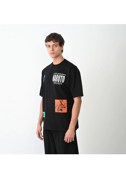 Unisex Bisiklet Yaka Baskılı Oversize T-Shirt - Siyah fiyatları