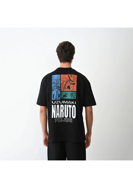 Unisex Bisiklet Yaka Baskılı Oversize T-Shirt - Siyah indirimleri