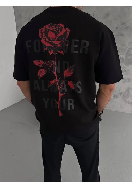 Unisex Bisiklet Yaka Baskılı Oversize T-Shirt - Siyah fiyatları