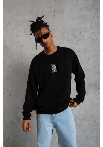 Unisex Bisiklet Yaka Baskılı Oversize Sweatshirt - Siyah fiyatları