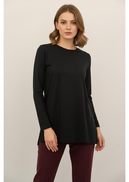 8229A Bisiklet Yak Yırtmaçlı Tunik Siyah