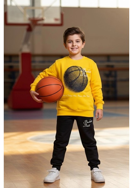 Basketball Yazı Desenli Sarı Renk Erkek Çocuk Eşofman Takımı
