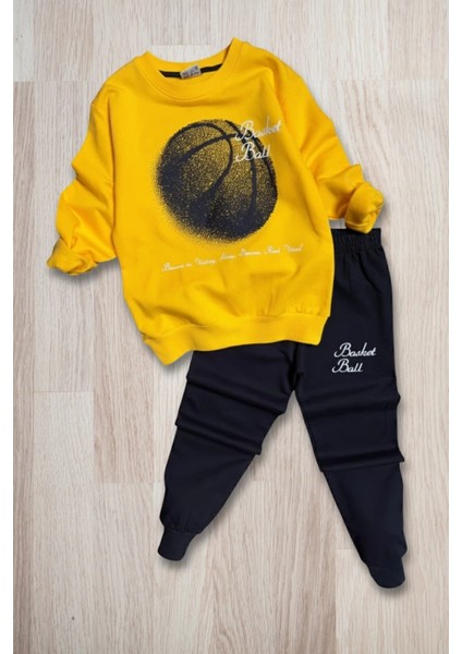 Basketball Yazı Desenli Sarı Renk Erkek Çocuk Eşofman Takımı modelleri