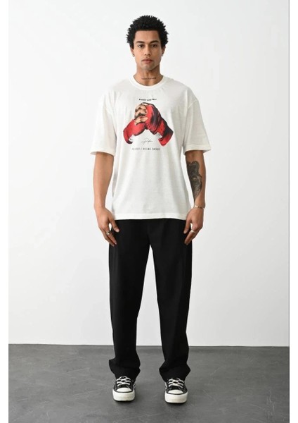 Unisex Baskılı Oversize T-Shirt - Beyaz modelleri