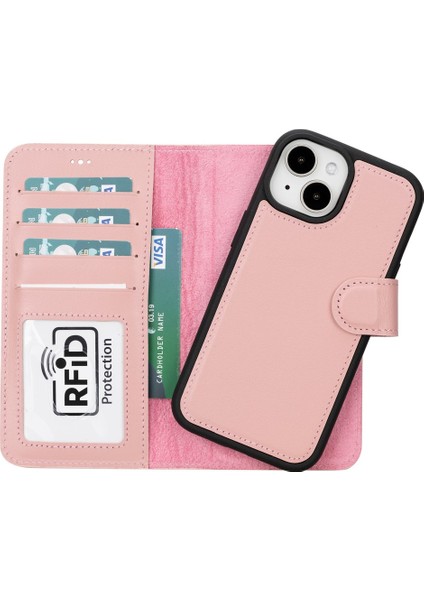 Apple iPhone 15 Uyumlu Deri Cüzdanlı Kılıf Mwwn Nu2 Pembe