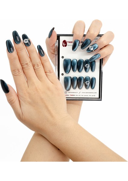 10'lu Mavi Kısa Oval TT0910 Tekrar Kullanılabilir El Yapımı Protez Takma Tırnak - Mavi-S