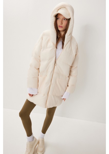 Kapüşonlu Oversize Şişme Mont LNT0014 Krem modelleri