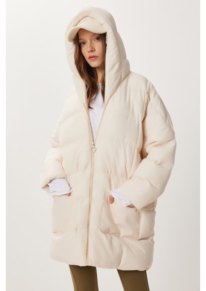 Kapüşonlu Oversize Şişme Mont LNT0014 Krem fırsatları