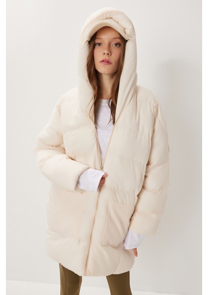 Kapüşonlu Oversize Şişme Mont LNT0014 Krem indirimleri