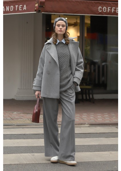 Kısa Kruvaze Kaban Gri Melanj