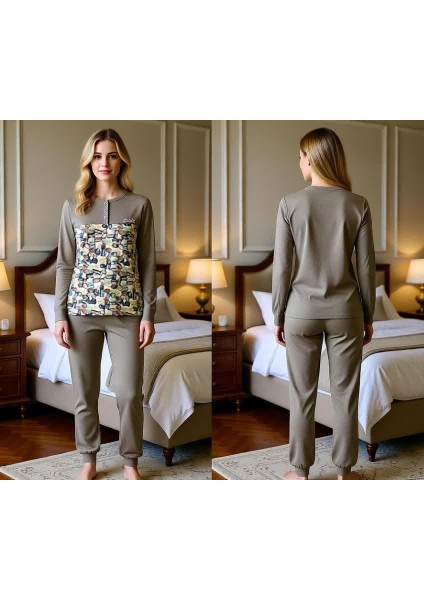 Kadın Pamuklu Açık Kahve Renk Pijama Takımı AL501