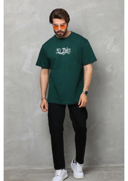 Unisex Bisiklet Yaka Baskılı Oversize T-Shirt - Yeşil