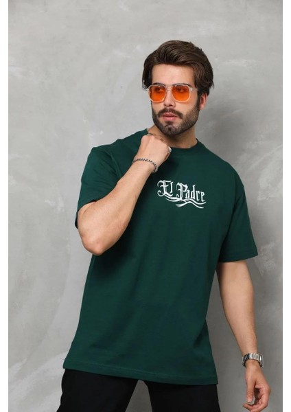 Unisex Bisiklet Yaka Baskılı Oversize T-Shirt - Yeşil