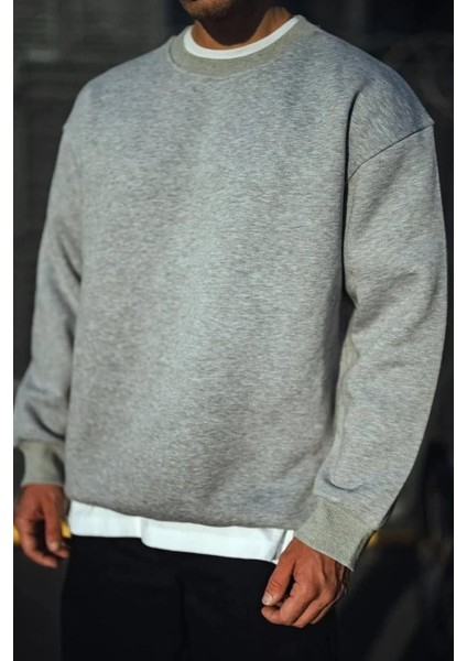 Kışlık Bisiklet Yaka Üç Iplik Basic Sweatshirt - Gri