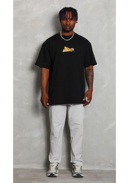 Unisex Bisiklet Yaka Baskılı Oversize T-Shirt - Siyah