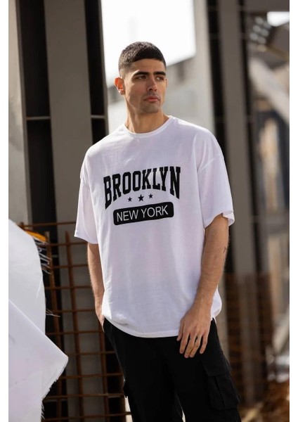 Unisex Bisiklet Yaka Baskılı Oversize T-Shirt - Beyaz fiyatları