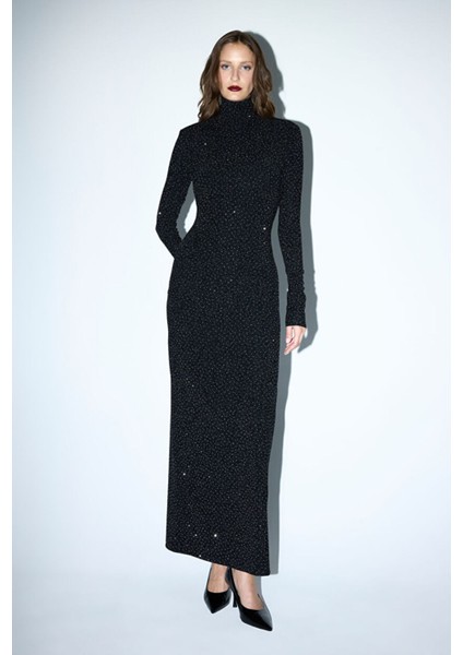 Yırtmaçlı Jarse Elbise Siyah 12444354002