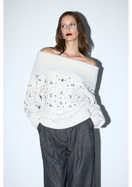 Taşlı Triko Kazak Kemik 13946094000