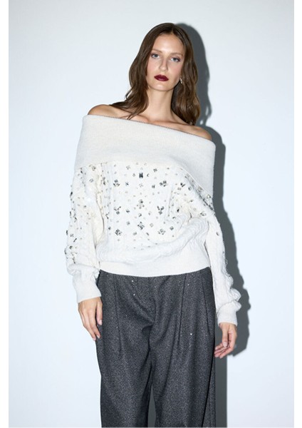 Taşlı Triko Kazak Kemik 13946094000 fırsatları