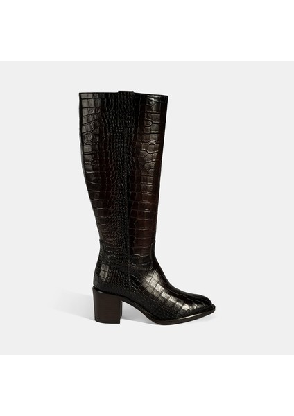 Kadın Kahve Kroko Baskılı Kalın Topuklu Deri Çizme fiyatları