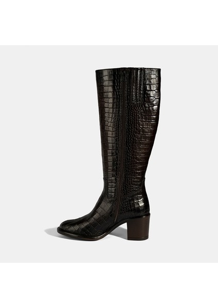 Kadın Kahve Kroko Baskılı Kalın Topuklu Deri Çizme fırsatları