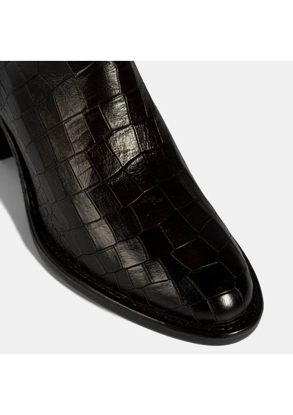 Kadın Kahve Kroko Baskılı Kalın Topuklu Deri Çizme