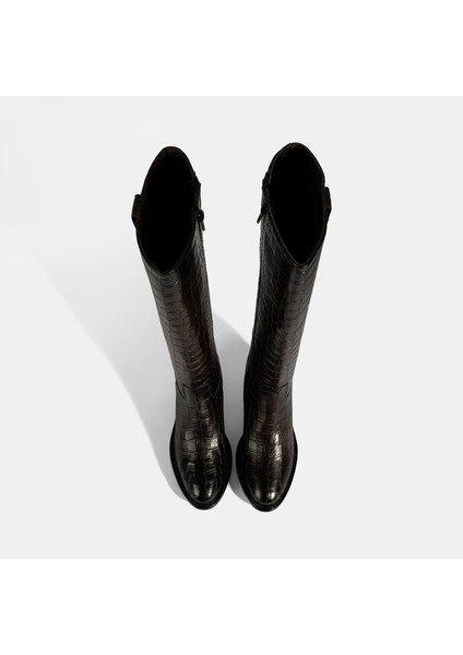 Kadın Kahve Kroko Baskılı Kalın Topuklu Deri Çizme