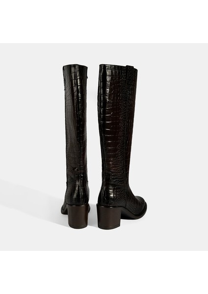 Kadın Kahve Kroko Baskılı Kalın Topuklu Deri Çizme