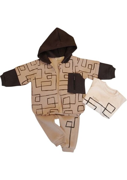 254045 Erkek Bebek Karma Desenli Kapüşonlu Şardonlu 3'lü Takım