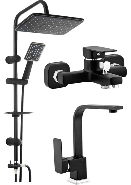 Siyah Tepe Duş Seti Kare Lavabo Banyo Batarya Seti Duş Çeşmesi Duş Robotu