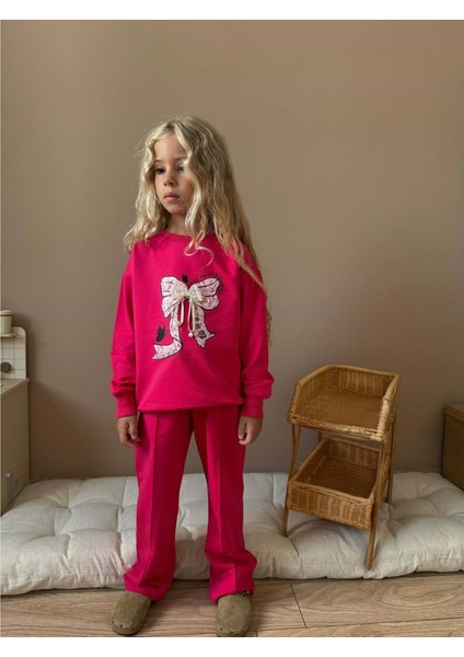 3-10 Yaş Kız Fiyonklu Eşofman Takım- 9024300 - Koyu Pembe