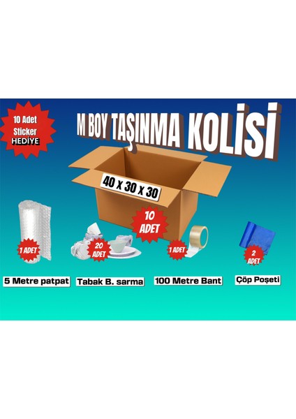 40X30X30 Taşınma Paketi M Boy 10 Adet Koli 1 Adet 5 Metre Patpat (Balonlu Naylon) 20 Adet Tabak/bardak Sarmalık Kâğıt 1 Adet 100 Metre Bant 2 Adet Çöp Poşeti Hediye: 10 Adet Sticker (Etiket)