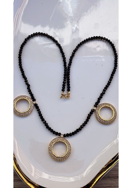 Altın Kaplama Üçlü Altın Koymalı Siyah Boncuklu Kolye modelleri