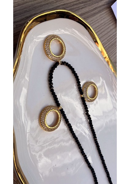 Altın Kaplama Üçlü Altın Koymalı Siyah Boncuklu Kolye fırsatları