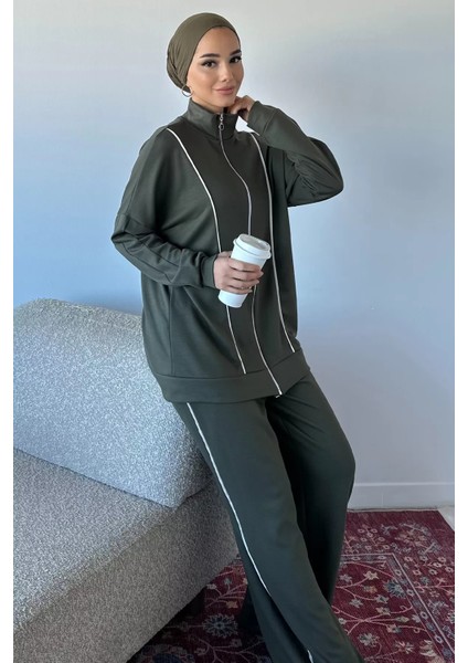 Ön Fermuarlı Şeritli Tunik Bel Lastikli Pantolon Tesettür Ikili Takım P-00018992 fiyatları