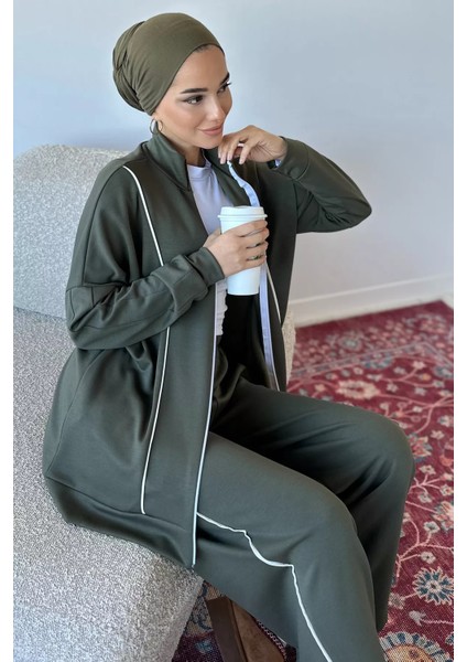 Ön Fermuarlı Şeritli Tunik Bel Lastikli Pantolon Tesettür Ikili Takım P-00018992 modelleri